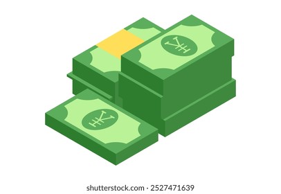 várias pilhas de moedas de papel verde com um símbolo de iene (¥) distinto nas notas