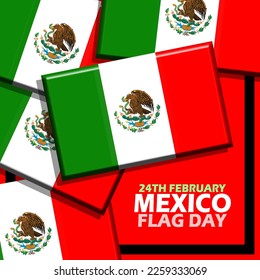 Multiple stacks of Mexican flags with frame and bold text on red background to commemorate Flag Day Mexico on February 24