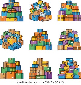 Multiple stacks of various sized and colored cardboard boxes, neatly arranged, suggesting logistics and storage.