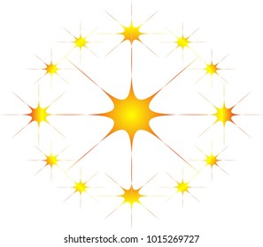multiple star abstracts surrounding a larger star in yellows and oranges
