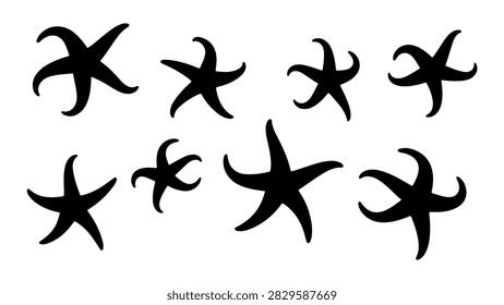 Multiple starfish of different sizes and orientations arranged on a plain background, showcasing marine life diversity and natural textures.