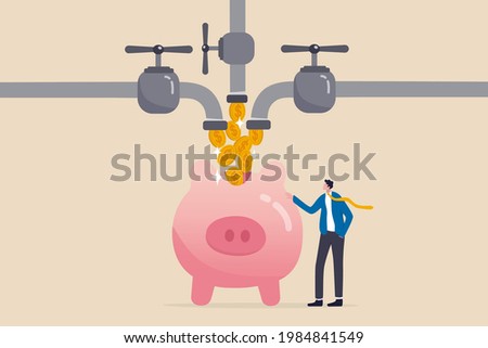 Multiple streams of income, passive income or revenue from invest in multi assets, side hustles to make money concept, rich businessman standing with multi cash flow from pipe into wealthy piggy bank.