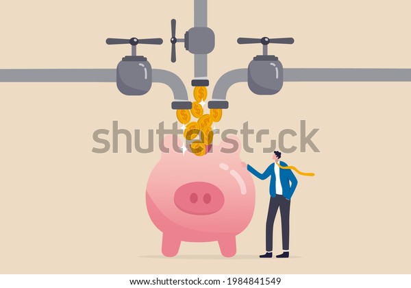 Multiple streams of income, passive income or\
revenue from invest in multi assets, side hustles to make money\
concept, rich businessman standing with multi cash flow from pipe\
into wealthy piggy\
bank.