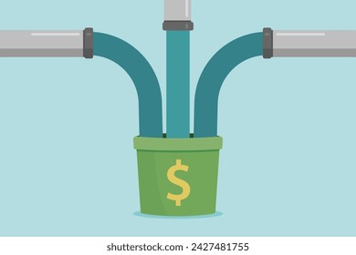 Multiple streams on income concept illustration. Financial wealth building, with multiple sources of revenue, filling bucket.
