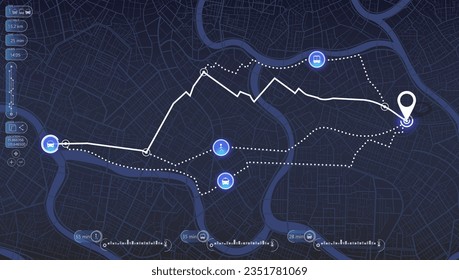 Multiple Street roads and location, GPS navigator screen. Decorative graphic tourist map. Street roads and location. Abstract vector transportation background. Fragments of town. Vector, illustration.