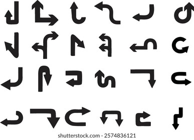 Multiple style and turn Arrow set isolated on white background. Traffic turn symbols and Direction Icons. Graphic design help for poster, banner, flyer or sticker. Online video games designing. EPS 10