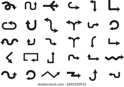 Multiple style and turn Arrow set isolated on white background. Easy to change color, size and manipulate. Traffic symbol Direction Icons Set. EPS 10