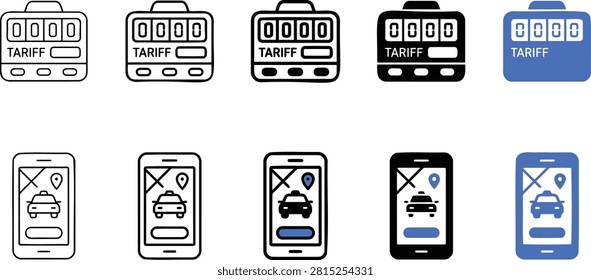 Multiple styles of taxi meter and mobile application ride hailing service interface vector graphic icons set featuring bold lines and solid blue shapes for modern urban transportation navigation digital systems.