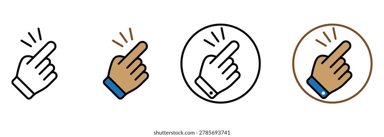 Multiple stylish digital icon variations representing a clicking finger snap or easy gesture concept for interactive design elements