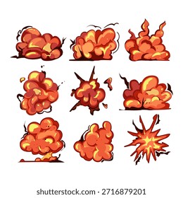 Várias explosões estilizadas de desenhos animados e nuvens de fumaça em laranja, vermelho e amarelo, conjunto de efeitos de explosão dinâmica para sprites de jogo, quadrinhos, animações e cenas de ação em fundo branco