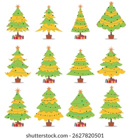 Multiple stylized Christmas trees with ornaments and presents, showcasing holiday cheer and celebration. Ideal for festive designs, invitation cards, and themes surrounding the joyous Christmas season