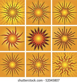 Multiple stylized sun graphics, vector