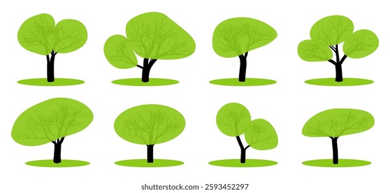 Multiple stylized trees in various shapes featuring bright green foliage and dark trunks on a white background.
