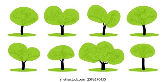 Multiple stylized trees in various shapes featuring bright green foliage and dark trunks on a white background.