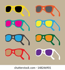 Multiple Sun Glasses in different colors creating a beach Pattern