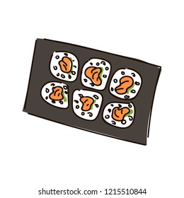 Multiple sushi rolls on white background