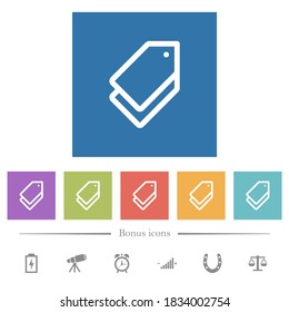 Multiple tags flat white icons in square backgrounds. 6 bonus icons included.