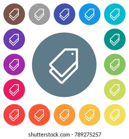 Multiple tags flat white icons on round color backgrounds. 17 background color variations are included.