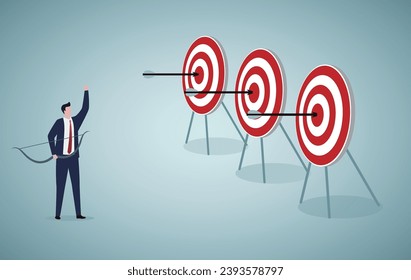 Multiple tasks, business advantage or efficiency to success and achieve many targets with small effort, smart businessman archery hit multiple bullseye with single arrow.
