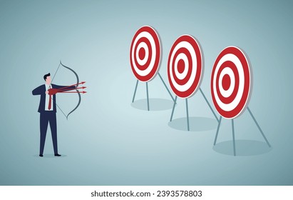 Multiple tasks with single action, business advantage or efficiency to success and achieve many targets with small effort, smart businessman archery hit multiple bullseye with single arrow.