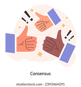 Multiple thumbs up unite. Collective consensus or agreement. Shared success. Unified agreement. Team alignment. Balance of interests. Flat vector illustration
