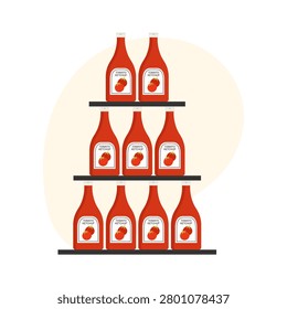 Multiple tomato ketchup bottles arranged on a store shelf, clean isolated white background vector illustration