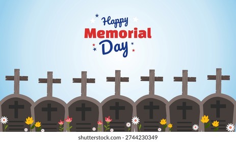 multiple tombstones stand in a line with flags and flowers on grass