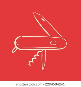 Multiple tool knife for adventure activity equipment icon isolated on red background.