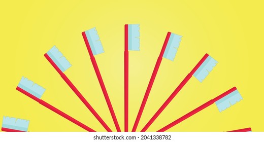 multiple toothbrushes in circular shape on a yellow background. vector eps 10