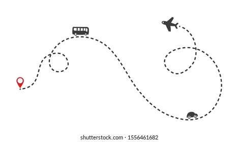 Multiple transportation ways on the route. Airplane flight path with dash line and dash line trace. Bus and car icons. Vector Illustration