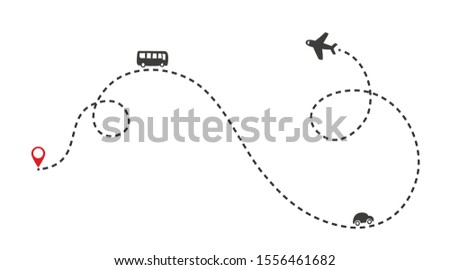 Multiple transportation ways on the route. Airplane flight path with dash line and dash line trace. Bus and car icons. Vector Illustration