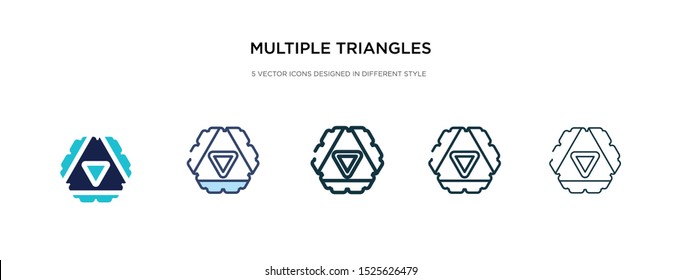 multiple triangles inside hexagon icon in different style vector illustration. two colored and black multiple triangles inside hexagon vector icons designed in filled, outline, line and stroke style
