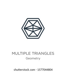 Multiple triangles inside hexagon icon. Thin linear multiple triangles inside hexagon outline icon isolated on white background from geometry collection. Line vector sign, symbol for web and mobile