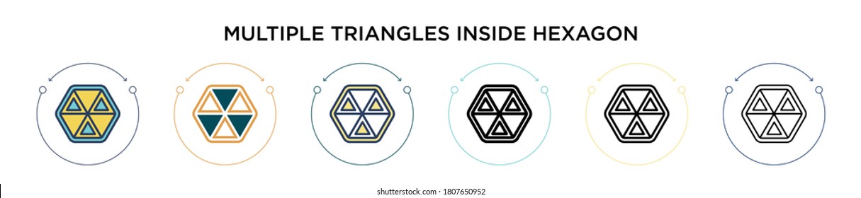 Multiple triangles inside hexagon icon in filled, thin line, outline and stroke style. Vector illustration of two colored and black multiple triangles inside hexagon vector icons designs can be used 