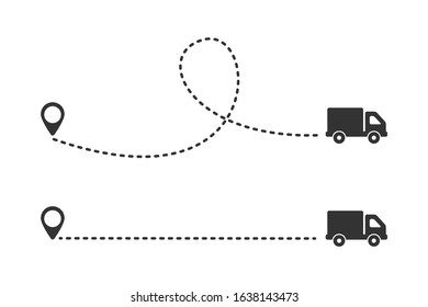 Multiple truck trakes with dotted lines. Pin map location of truck delivery on route icon design element on white background