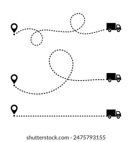 Mehrere LKW-Spuren mit gestrichelten Linien. Pin Map Lage der LKW-Lieferung auf Route Icon Design Element Vektorillustration