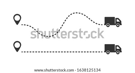 Multiple truck trakes with dotted lines. Pin map location of truck delivery on route icon design element on white background