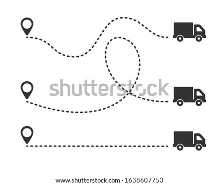 Multiple truck trakes with dotted lines. Pin map location of truck delivery on route icon design element on white background