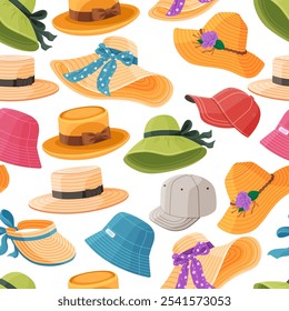 Multiple types of colorful hats with different designs, including wide-brimmed, baseball caps, and sun hats. Ideal for fashion, accessories, summer, patterns, and retail themes. Simple flat design