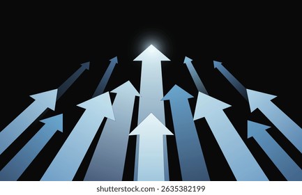 Multiple upward-pointing blue arrows on a black background, representing progress, success, growth, and leadership.