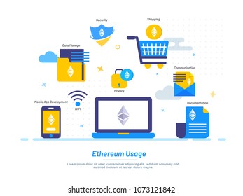 Múltiples usos de la moneda cripto Ethereum, estilo de diseño plano sobre fondo blanco.