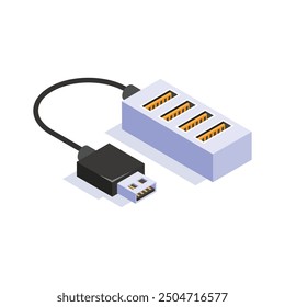 Multiple USB ports for connecting devices simultaneously, isometric icon of usb hub