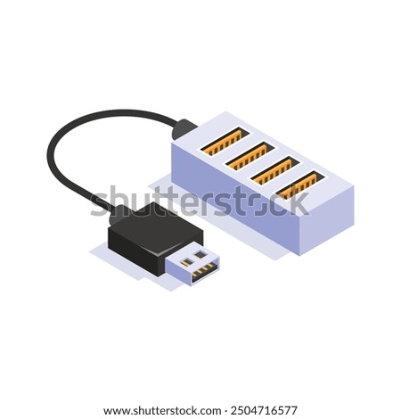 Multiple USB ports for connecting devices simultaneously, isometric icon of usb hub