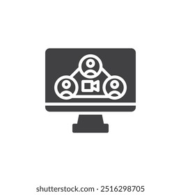 Vários usuários aprendendo através de vídeo chat ícone vetor. preenchido sinal plano para conceito móvel e web design. Ícone de glifo do Grupo de Estudos Online. Símbolo, ilustração de logotipo. Gráficos vetoriais