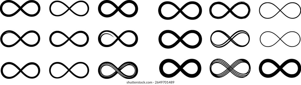 Multiple variations of infinity symbols are arranged in a neat grid. Each design features unique styles and patterns, emphasizing creativity and artistic expression.