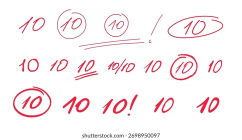 Multiple variations of number 10 written in red pen as teacher grading marks. Includes circled, underlined, and exclamation mark versions to show highest score. School notebooks, exam results vector