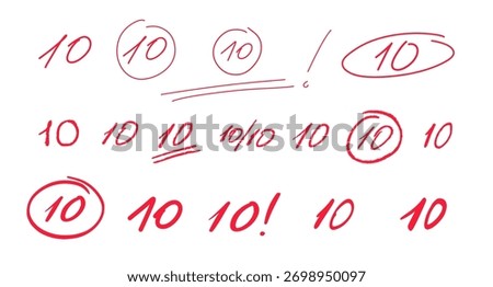 Multiple variations of number 10 written in red pen as teacher grading marks. Includes circled, underlined, and exclamation mark versions to show highest score. School notebooks, exam results vector