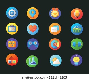 Multiple Vector Flat Icons On Dark Background.