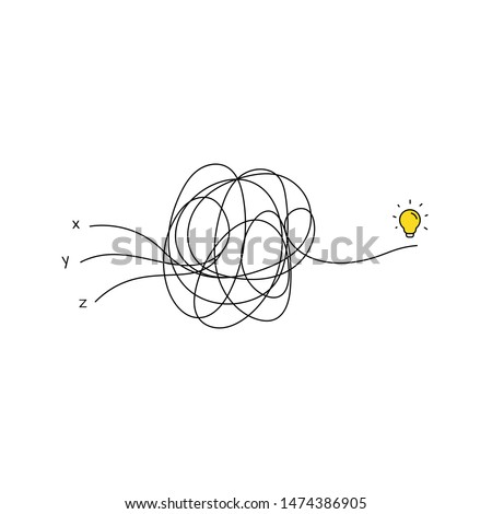 multiple very hard thinking of inspiration idea through a complicated way illustration. light switch with messy line symbol. tangled scribble line vector path doodle design.