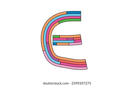 Multiple vibrant rectangles are carefully combined to shape the vector font "E", showcasing an innovative fusion of colors, symmetry, and contemporary geometric design principles.

